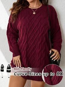 SHEIN CURVE+ Plus Size Women's Long Sleeve Cable Knit Sweater Dress, Party Winter,Christmas,Christmas Dress - Burgundy - View 6