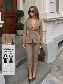 SHEIN PETITE Two Pieces Houndstooth Suit Set For Petite Women (Casual/Commuter/Business) - Brown - View 1