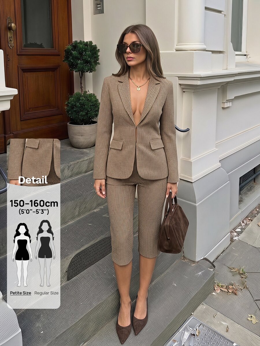 SHEIN PETITE Two Pieces Houndstooth Suit Set For Petite Women (Casual/Commuter/Business) - Brown - View 1