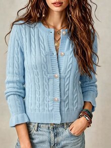 SHEIN Women's Round Neck Lazy Long Sleeve Knit Cardigan, Casual Knitted Autumn/Winter Clothing, Light Blue Loose Fashionable Commuter Outfit Short Versatile Twisted Rope Ruffle Cuff Sweater Jacket - Blue - View 5