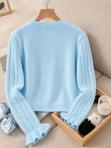 SHEIN Women's Round Neck Lazy Long Sleeve Knit Cardigan, Casual Knitted Autumn/Winter Clothing, Light Blue Loose Fashionable Commuter Outfit Short Versatile Twisted Rope Ruffle Cuff Sweater Jacket - Blue - View 2