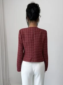 Elenzga Women's Plaid Casual Elegant Versatile Commute Travel Blazer Christmas Office Dinner Burgundy Fall - Burgundy - View 2