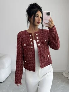 Elenzga Women's Plaid Casual Elegant Versatile Commute Travel Blazer Christmas Office Dinner Burgundy Fall - Burgundy - View 8