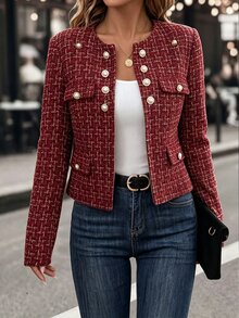 Elenzga Women's Plaid Casual Elegant Versatile Commute Travel Blazer Christmas Office Dinner Burgundy Fall - Burgundy - View 6