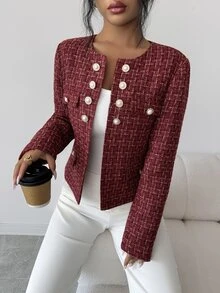 Elenzga Women's Plaid Casual Elegant Versatile Commute Travel Blazer Christmas Office Dinner Burgundy Fall - Burgundy - View 7
