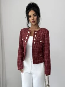 Elenzga Women's Plaid Casual Elegant Versatile Commute Travel Blazer Christmas Office Dinner Burgundy Fall - Burgundy - View 9