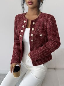 Elenzga Women's Plaid Casual Elegant Versatile Commute Travel Blazer Christmas Office Dinner Burgundy Fall - Burgundy - View 4