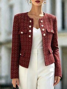 Elenzga Women's Plaid Casual Elegant Versatile Commute Travel Blazer Christmas Office Dinner Burgundy Fall - Burgundy - View 1