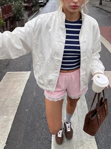 SHEIN Struktiv 女款秋季白色提花休閒優雅夾克，適合機場、度假旅行、通勤日常白天穿著 - 白色 - 查看 5