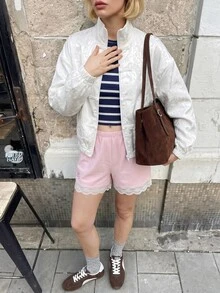 SHEIN Struktiv 女款秋季白色提花休閒優雅夾克，適合機場、度假旅行、通勤日常白天穿著 - 白色 - 查看 6
