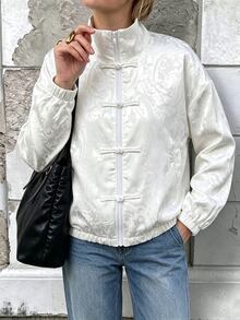 SHEIN Struktiv 女款秋季白色提花休閒優雅夾克，適合機場、度假旅行、通勤日常白天穿著 - 白色 - 查看 4