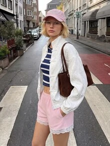 SHEIN Struktiv 女款秋季白色提花休閒優雅夾克，適合機場、度假旅行、通勤日常白天穿著 - 白色 - 查看 3