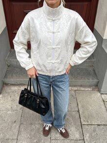 SHEIN Struktiv 女款秋季白色提花休閒優雅夾克，適合機場、度假旅行、通勤日常白天穿著 - 白色 - 查看 8