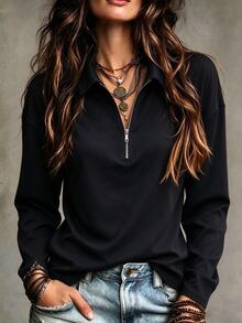 Balvessa Women's Solid Color Half-Zip Long Sleeve Casual T-Shirt - Black - View 1