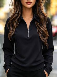 Balvessa Women's Solid Color Half-Zip Long Sleeve Casual T-Shirt - Black - View 3