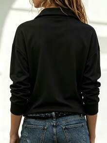 Balvessa Women's Solid Color Half-Zip Long Sleeve Casual T-Shirt - Black - View 2