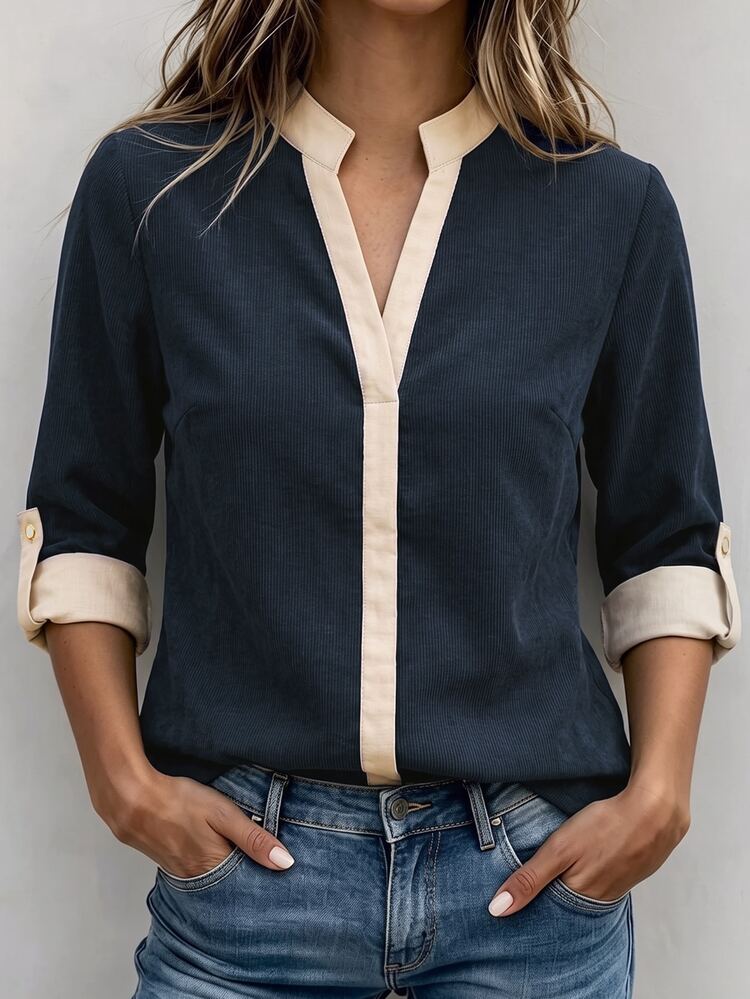 Balvessa Women's Contrast Color Notch V-Neck Rolled Sleeve Casual Shirt - Navy Blue - View 1