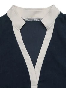SHEIN LUNE Women's Contrast Color Notch V-Neck Rolled Sleeve Casual Shirt - Navy Blue - View 7