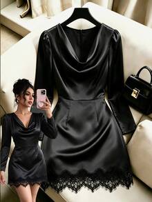 GlowEve Women's Solid Color Cowl Neck Casual Daily Summer Short Dress - Black - View 3