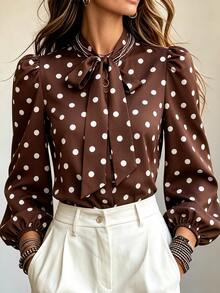 SHEIN Clasi Women's Elegant Coffee Color Polka Dot Bow Design Lantern Sleeve Fashion Blouse, Autumn/Winter New Style, Versatile - Multicolor - View 1