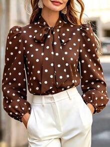 SHEIN Clasi Women's Elegant Coffee Color Polka Dot Bow Design Lantern Sleeve Fashion Blouse, Autumn/Winter New Style, Versatile - Multicolor - View 7