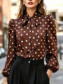 SHEIN Clasi Women's Elegant Coffee Color Polka Dot Bow Design Lantern Sleeve Fashion Blouse, Autumn/Winter New Style, Versatile - Multicolor - View 8
