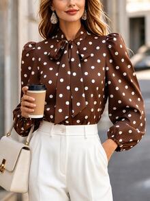 SHEIN Clasi Women's Elegant Coffee Color Polka Dot Bow Design Lantern Sleeve Fashion Blouse, Autumn/Winter New Style, Versatile - Multicolor - View 3