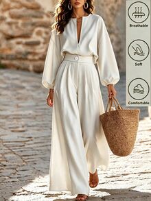 SHEIN Women's Spring/Autumn White Deep V-Neck Lantern Sleeve Loose Top + High Waist Drapey Wide Leg Pants 2 Pieces Set, Powerful Style - White - View 1