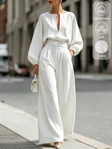 SHEIN Women's Spring/Autumn White Deep V-Neck Lantern Sleeve Loose Top + High Waist Drapey Wide Leg Pants 2 Pieces Set, Powerful Style - White - View 7