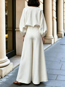 SHEIN Women's Spring/Autumn White Deep V-Neck Lantern Sleeve Loose Top + High Waist Drapey Wide Leg Pants 2 Pieces Set, Powerful Style - White - View 2