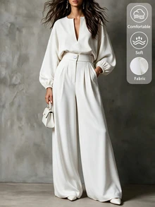 SHEIN Women's Spring/Autumn White Deep V-Neck Lantern Sleeve Loose Top + High Waist Drapey Wide Leg Pants 2 Pieces Set, Powerful Style - White - View 6