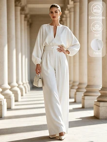 SHEIN Women's Spring/Autumn White Deep V-Neck Lantern Sleeve Loose Top + High Waist Drapey Wide Leg Pants 2 Pieces Set, Powerful Style - White - View 9