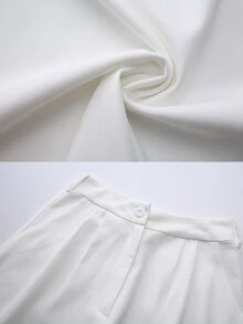 SHEIN Women's Spring/Autumn White Deep V-Neck Lantern Sleeve Loose Top + High Waist Drapey Wide Leg Pants 2 Pieces Set, Powerful Style - White - View 5