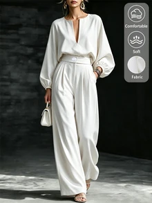 SHEIN Women's Spring/Autumn White Deep V-Neck Lantern Sleeve Loose Top + High Waist Drapey Wide Leg Pants 2 Pieces Set, Powerful Style - White - View 8