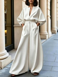 SHEIN Women's Spring/Autumn White Deep V-Neck Lantern Sleeve Loose Top + High Waist Drapey Wide Leg Pants 2 Pieces Set, Powerful Style - White - View 4