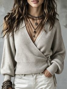 SHEIN Cardigan Rajut Kasual Lengan Panjang Warna Polos untuk Wanita dengan Simpul Samping - Aprikot - View 1
