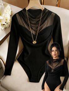 SHEIN Women's Elegant Mesh Patchwork Long Sleeve Inner Shirt, Cowl Neck Fitted Ribbed Knit Long Sleeve Base Layer Top, Elegant Innerwear Inner Shirt, Suitable For Dating, Gathering, Party, Daily Commute Occasions - Black - View 4