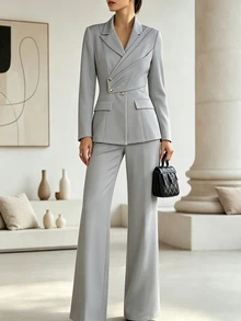 SHEIN Fall Winter Women Light Grey 2 Pieces Suit, Notched Lapel Cross Wrap Blazer High Waist Wide Leg Pants, Elegant Casual Button Office Business Set Party - Grey - View 4