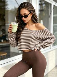 FavEase Women's Loose Wide Neck Cold Shoulder Long Sleeve Sports T-Shirt For Fitness, Running And Outdoor - Multicolor - View 3