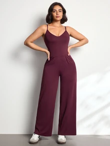 Easithlete Women's Solid Color Pleated Design Casual Camisole Sports Jumpsuit - Burgundy - View 3