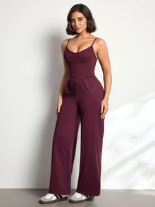 Easithlete Women's Solid Color Pleated Design Casual Camisole Sports Jumpsuit - Burgundy - View 4