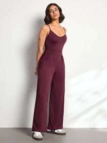 Easithlete Women's Solid Color Pleated Design Casual Camisole Sports Jumpsuit - Burgundy - View 1