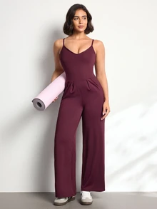 Easithlete Women's Solid Color Pleated Design Casual Camisole Sports Jumpsuit - Burgundy - View 5