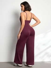 Easithlete Women's Solid Color Pleated Design Casual Camisole Sports Jumpsuit - Burgundy - View 2