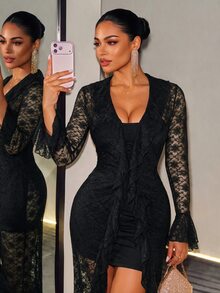 BamGleam Dark Style Elegant Sexy Sheer Lace Long Cardigan With Ruffle Flare Sleeves, Atmospheric Halloween Night Black Floral Fall Party Night Out - Black - View 4