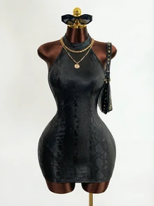 Mistrie Black,Summer,Techno,Club,Rave Y2K Snake Skin Print Backless Halter Mini Dress,Cute Sweet Hot Gal Music Festival Country Western Beach Vacation - Black - View 6