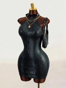 Mistrie Black,Summer,Techno,Club,Rave Y2K Snake Skin Print Backless Halter Mini Dress,Cute Sweet Hot Gal Music Festival Country Western Beach Vacation - Black - View 3