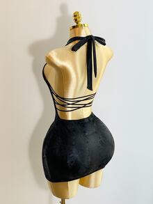 Mistrie Black,Summer,Techno,Club,Rave Y2K Snake Skin Print Backless Halter Mini Dress,Cute Sweet Hot Gal Music Festival Country Western Beach Vacation - Black - View 2