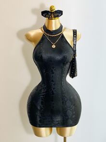 Mistrie Black,Summer,Techno,Club,Rave Y2K Snake Skin Print Backless Halter Mini Dress,Cute Sweet Hot Gal Music Festival Country Western Beach Vacation - Black - View 4