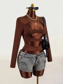 Zolique Sexy Off-Shoulder One-Shoulder Neck Slim Hollow-Out Design Asymmetric Long Sleeve Top - Coffee Brown - View 3